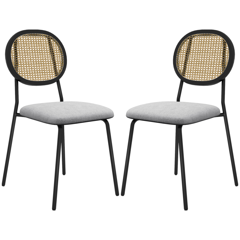 HOMCOM Set mit 2 Dining-Stühlen, Küchenstühle, Bohème-Stil, Rattanrücken, atmungsaktiver Leinenstoff, Stahlrahmen, für Wohnzimmer, Esszimmer, Schlafzimmer, Grau Aosom – Bild 1 von 2