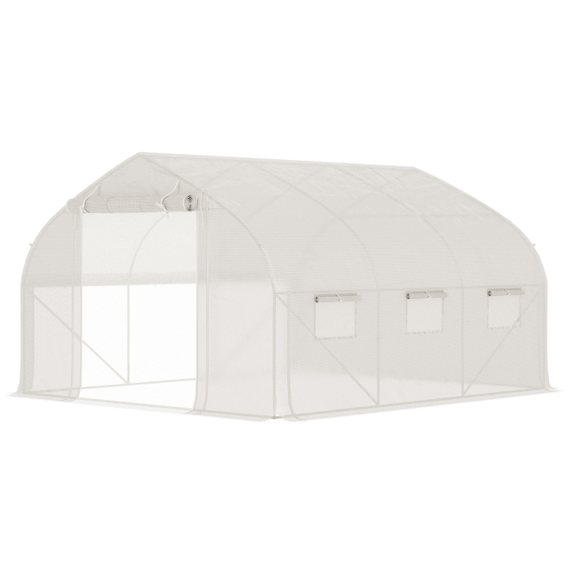 Outsunny Garten Tunnel-Gewächshaus, 10,4 m², UV-Schutz, aufrollbare Reißverschlusstür, Mesh-Fenster, galvanisiertes Stahlrohr und PE 140g/m², 350 x 300 x 200 cm, weiß Aosom – Bild 1 von 2