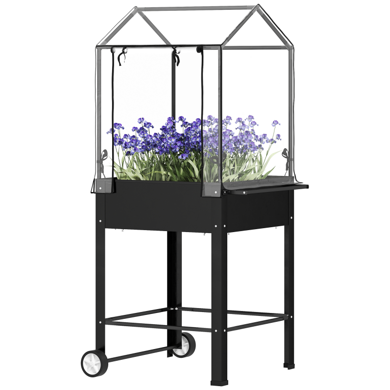 Outsunny Hochbeet mit Kunststoffabdeckung, erhöhte Gartenjardiniere mit Rädern und Ablaufloch, Minigewächshaus für Gemüse, Blumen, Kräuter, 67 x 69 x 147 cm, Schwarz Aosom – Bild 1 von 2