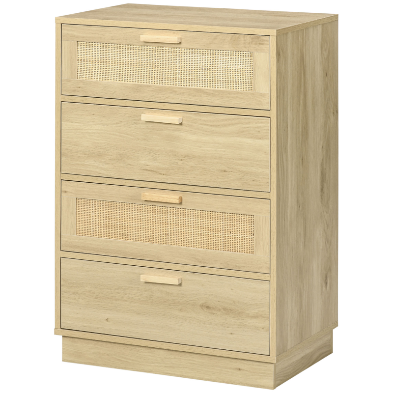 HOMCOM Kommode mit 4 Schubladen Schlafzimmer Aufbewahrungsschrank im Boheme-Stil mit Holzrahmen, Rattankommode für Schlafzimmer, Wohnzimmer, Flur, 60 x 38 x 88,5 cm, Naturholz Aosom – Bild 1 von 2