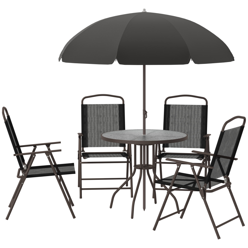 Outsunny Gartenmöbel-Set, 6-teilig - Runder Tisch + 4 klappbare Stühle + Sonnenschirm - Epoxidbeschichteter Stahl Kaffee Textilene Polyester Schwarz Aosom – Bild 1 von 2
