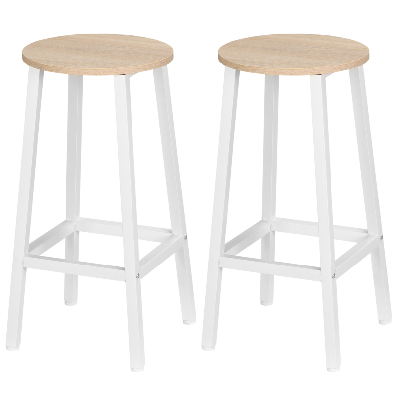HOMCOM Set mit 2 Barhockern, Barhocker, hohe Küchenhocker 65H cm mit Fußstütze, Stahlgestell, Weiß und Naturholz Aosom – Bild 1 von 2