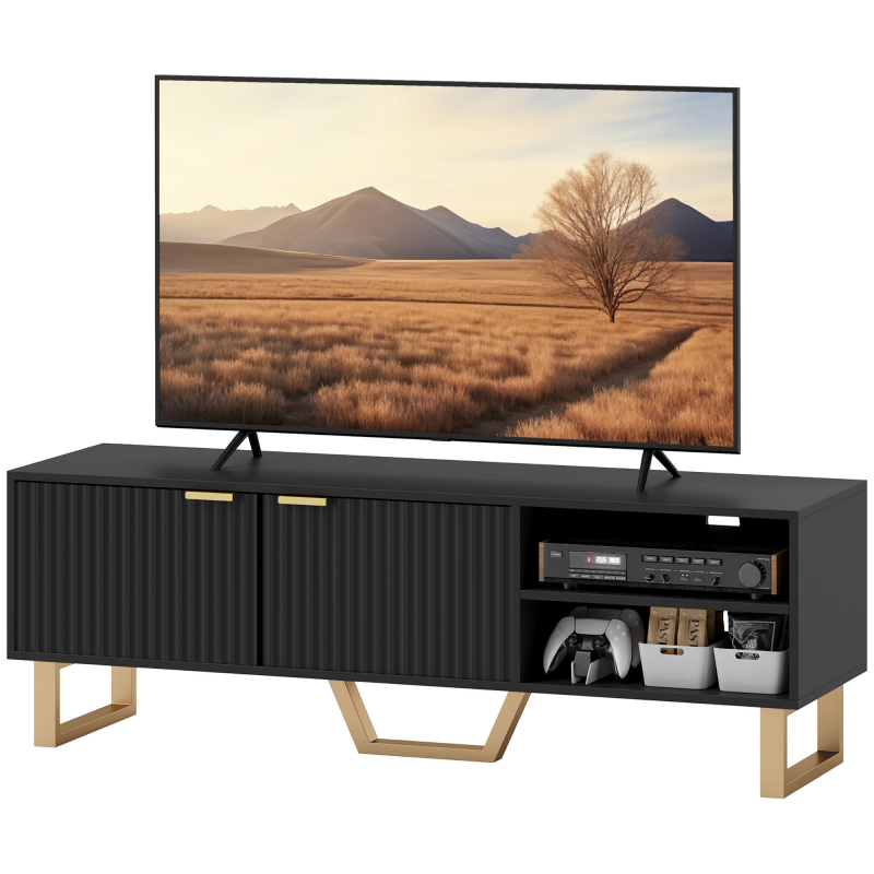 HOMCOM TV-Schrank Fernsehtisch Holz-TV-Ständer für Fernseher bis zu 70 Zoll mit 2 gerillten Türen, offenem Fach und Kabeldurchführung, für Wohnzimmer Schlafzimmer, 140 x 39 x 47 cm, Schwarz Aosom – Bild 1 von 2