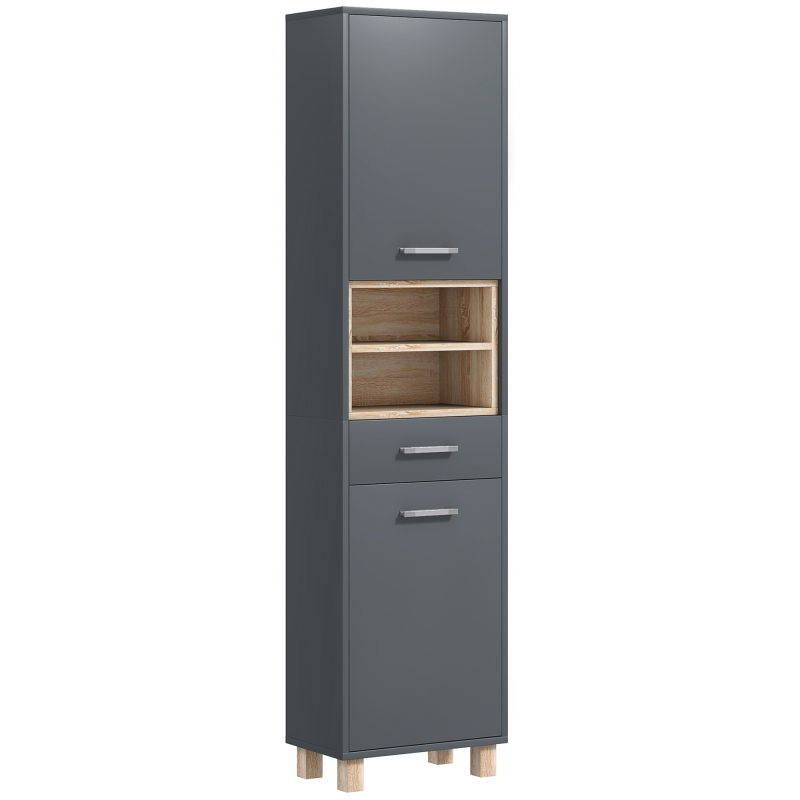 HOMCOM Badezimmerschrank, Badezimmerschränke, Badezimmerspeicher mit 2 Schränken, Schublade und 2 offenen Fächern, Hochschrank für Wohnzimmer, Küche - 40 x 24 x 160 cm, Grau Aosom – Bild 1 von 2