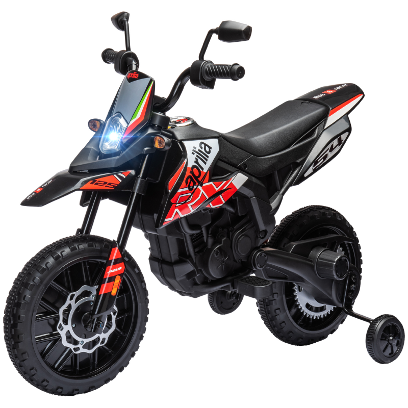 AIYAPLAY Kinder Elektro Motorrad Kinder Motocross unter Lizenz von Aprilia mit 2 12V Motoren, max. Geschwindigkeit 6 km/h, abnehmbare Trainingsräder, Federung, LED-Licht, Musik, USB - Rot Aosom – Bild 1 von 2