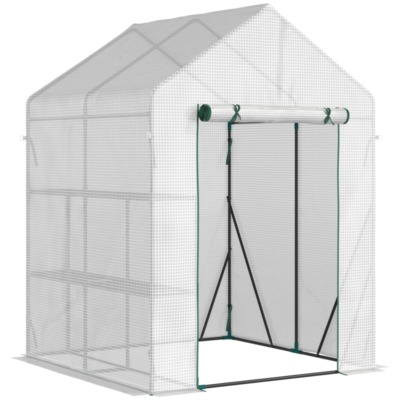 Outsunny Foliengewächshaus begehbar mit 4 Regalebenen Tomatengewächshaus Treibhaus Frühbeet Weiß PE 143x143x195cm für Garten & Pflanzen Aosom.de – Bild 1 von 2