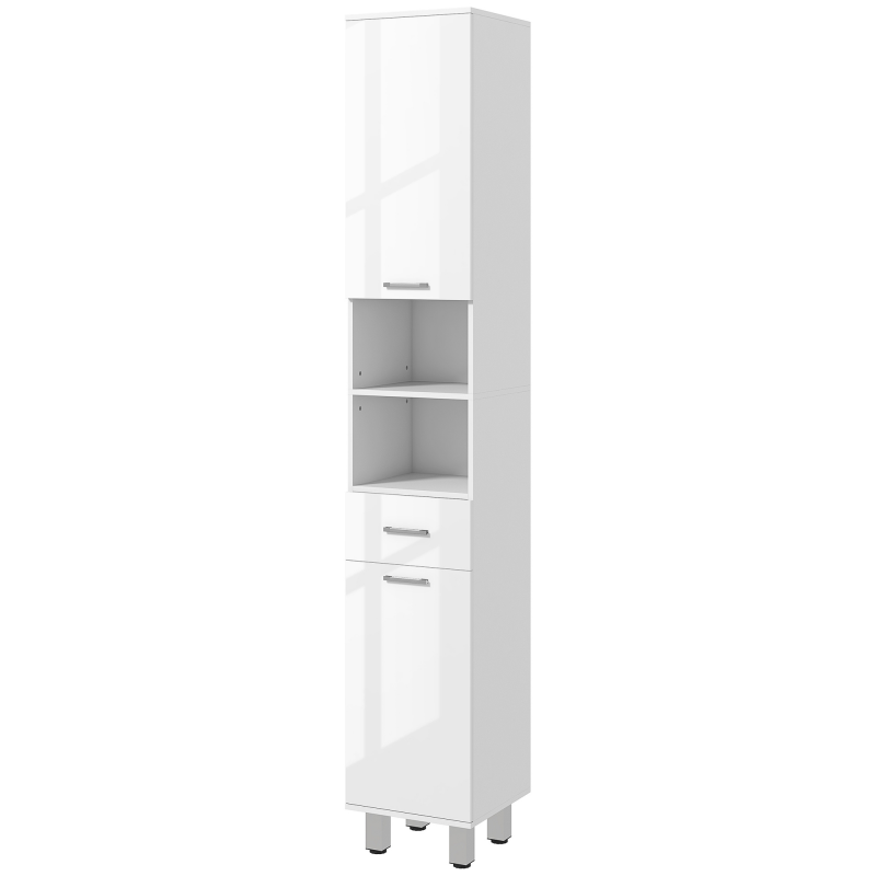 kleankin Badezimmerschrank schmal, Hochschrank Toilettenschrank mit Hochganlzweiß Schublade, Verstellbar Ablage und 2 offenen Fächern, für kleine Räume Badezimmer 30 x 30 x 180 cm Weiß Aosom – Bild 1 von 2