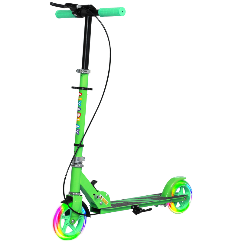 AIYAPLAY Roller Kinder Klappbar Kinderroller mit Verstellbarer Lenkerhöhe, 2 Leuchtenden Räder, Handbremse & Hinterradbremse Tretroller Scooter für 3-8 Jahre Kinder Grün Aosom – Bild 1 von 2