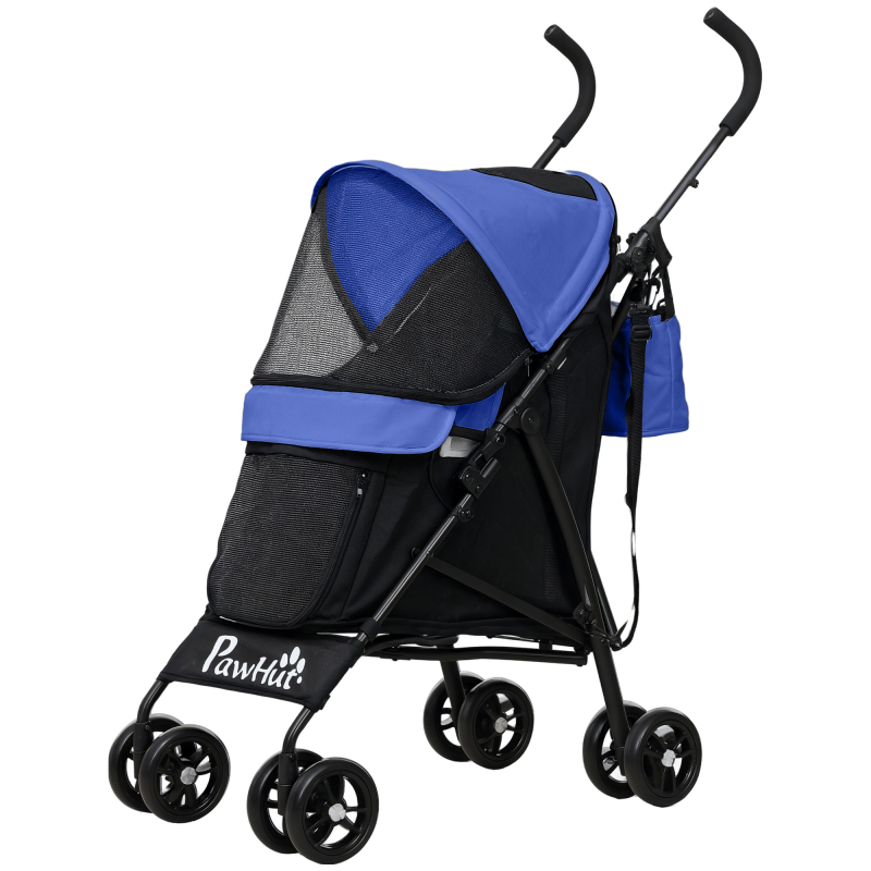 PawHut Hundewagen Hundebuggy klappbar für Hunde & Katzen bis 4 kg Katzenbuggy mit Netzfenstern, Schultergurt, Aufbewahrungstasche, Becherhalter Regenschirm Katzenwagen Dunkelblau Aosom – Bild 1 von 2