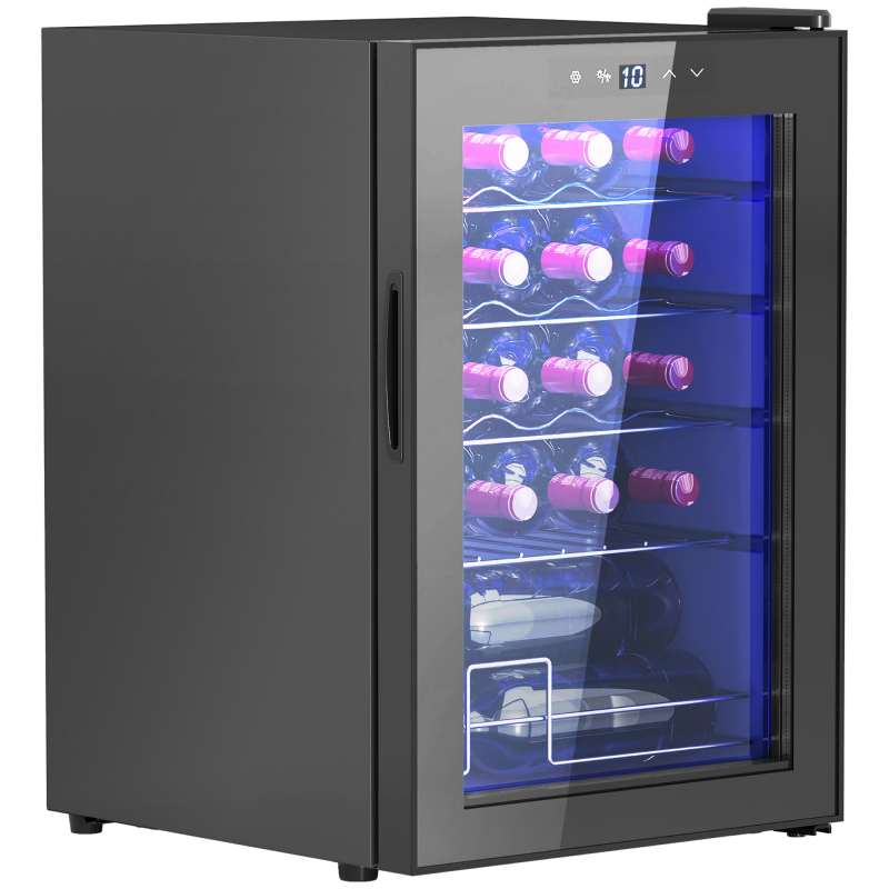 HOMCOM Weinkühlschrank 20 Flaschen 53L 5-18℃ Kompressor Getränkekühlschrank mit Anti-UV Glastür, Flaschenkühlschrank mit LED-Leuchte, Kleiner Weinschrank mit Touch-Screen Schwarz Aosom – Bild 1 von 2