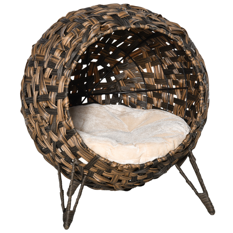 PawHut Rattan Katzenbett Kissen erhöhte Füße Katzenschlafplatz Braun Ø52x58cm Aosom – Bild 1 von 2