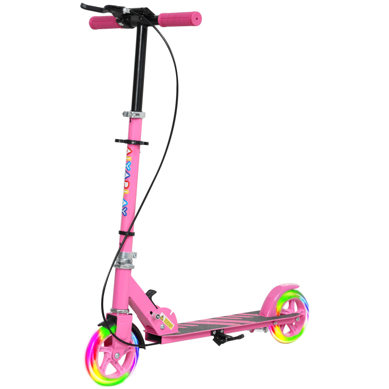 AIYAPLAY Roller Kinder Klappbar Kinderroller mit Verstellbarer Lenkerhöhe, 2 Leuchtenden Räder, Handbremse & Hinterradbremse Tretroller Scooter für 3-8 Jahre Kinder Rosa Aosom – Bild 1 von 2