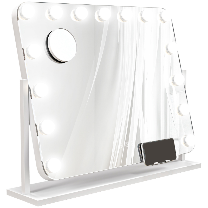 HOMCOM Hollywood Spiegel mit Beleuchtung 62,5 x 52 cm 360°Drehbarer Schminkspiegel mit 15 LED Licht, 3 Lichtfarben, USB-Ladeanschluss, Handyhalterung, Touchschalter, Kosmetikspiegel 10X Vergrößerung Aosom – Bild 1 von 2