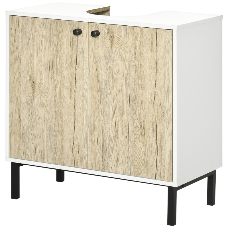 Kleankin Waschtischunterschrank Badezimmermöbel Abstellraum modernes Metallgestell doppelte Tür 60 x 30 x 60 cm - weiß und Holzfarbe Aosom – Bild 1 von 2