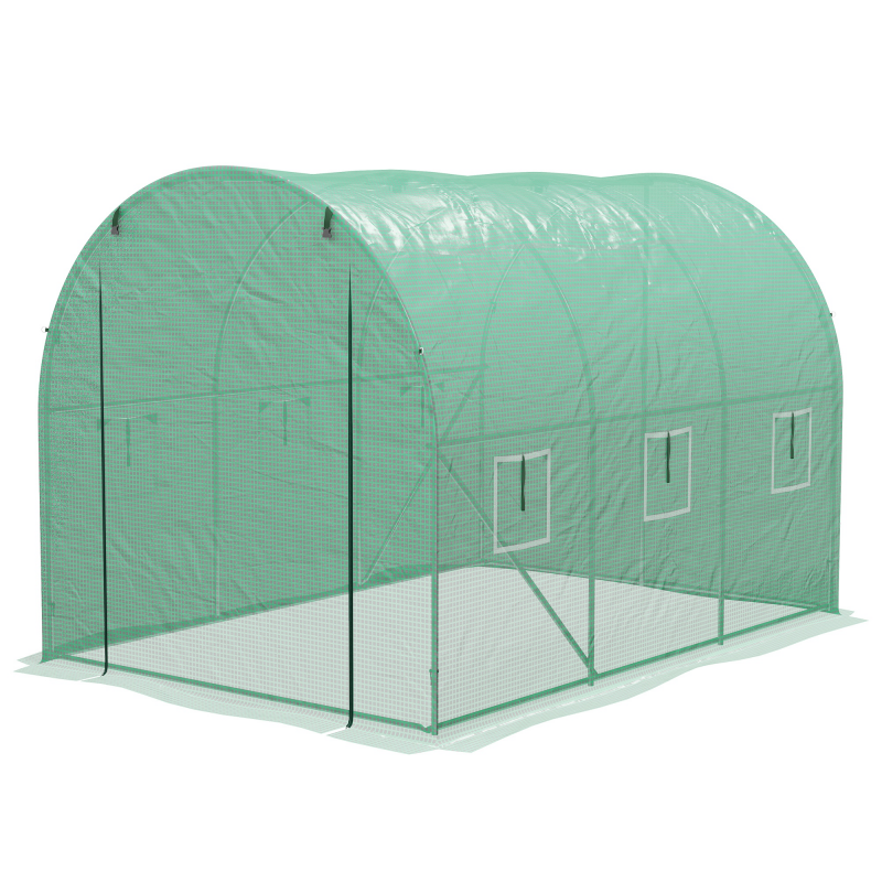 Outsunny Garten-Gewächshaus Tunnel 6 m² Gewächshaus für Tomaten mit integriertem Bewässerungssystem 3L x 2B x 2H m Verstärkter Stahl + PE Hochdichte 140 g/m² 6 Fenster Aufrollbare Tür Grün Aosom – Bild 1 von 2