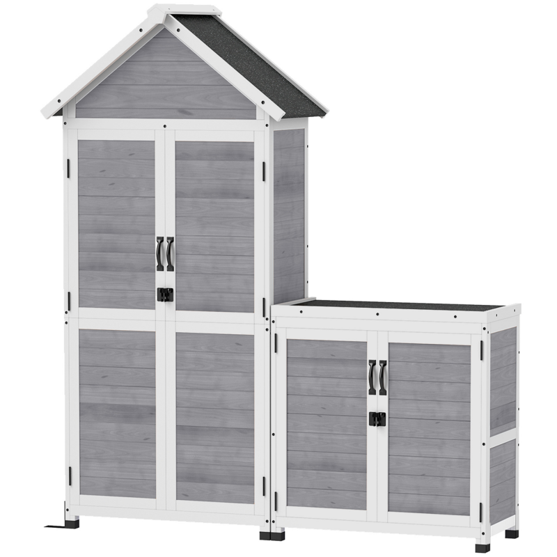 Outsunny 2 in 1 Gartenschrank Holz, Geräteschuppen mit Aufbewahrungsschrank Abschließbar Tür Satteldach Ablage 89x51x182cm, wetterfest Geräteschrank, Gerätehaus für Garten, Terrasse, Hellgrau Aosom – Bild 1 von 2