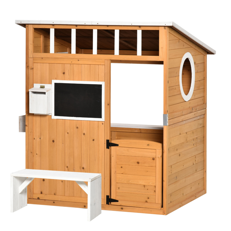 Outsunny Spielhaus für Kinder Holz Kinderspielhaus mit Fenster Briefkasten Outdoor Gartenspielhaus mit Blumentopfrack Holzspielhaus für 3-8 Jahre Tannenholz Natur 122 x 108 x 135,5 cm Aosom – Bild 1 von 2