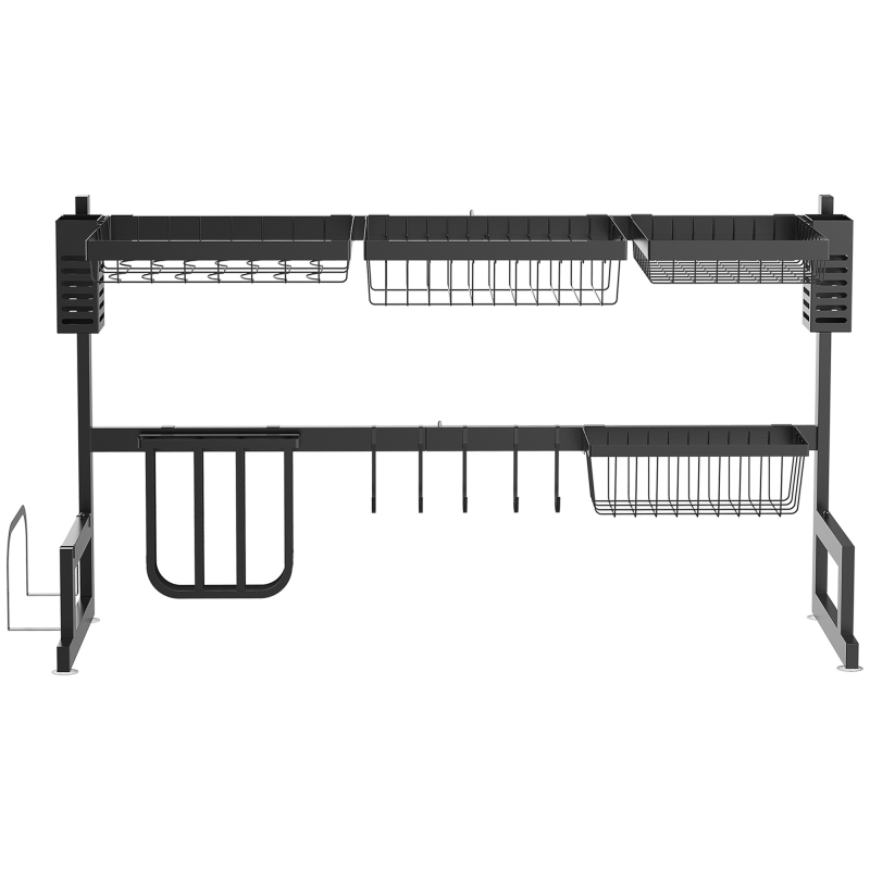 HOMCOM Abtropfgestell Geschirr, 2-stufiges Abtropfständer mit Haken, Abtropfschale, 52,5 cm Abtropfgitter Gestell für Küchenspüle, Stahl, Schwarz Aosom – Bild 1 von 2