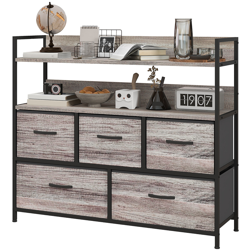 HOMCOM Kommode mit 5 Schubladen aus Stoff, Aufbewahrungsschrank, Kommodenschrank mit 2 Regalen, Stahlgestell, Modern-Design für Wohnzimmer, Schlafzimmer Grau Aosom – Bild 1 von 2