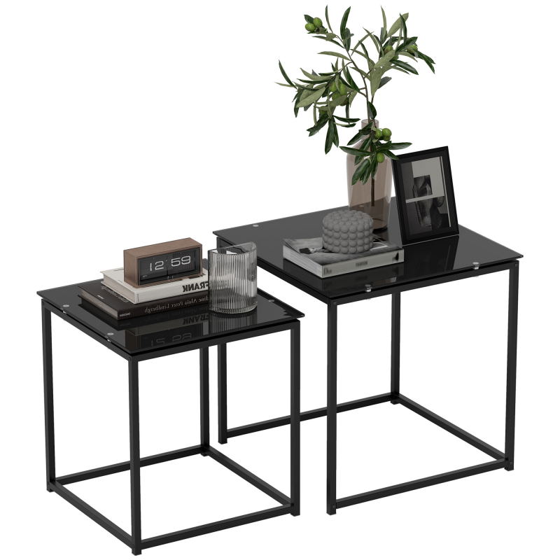 HOMCOM Beistelltisch 2er-Set Couchtisch-Set Kaffeetisch mit Glastischplatte quadratischer Sofatisch aus Stahl schwarz für Wohnzimmer Aosom.de – Bild 1 von 2
