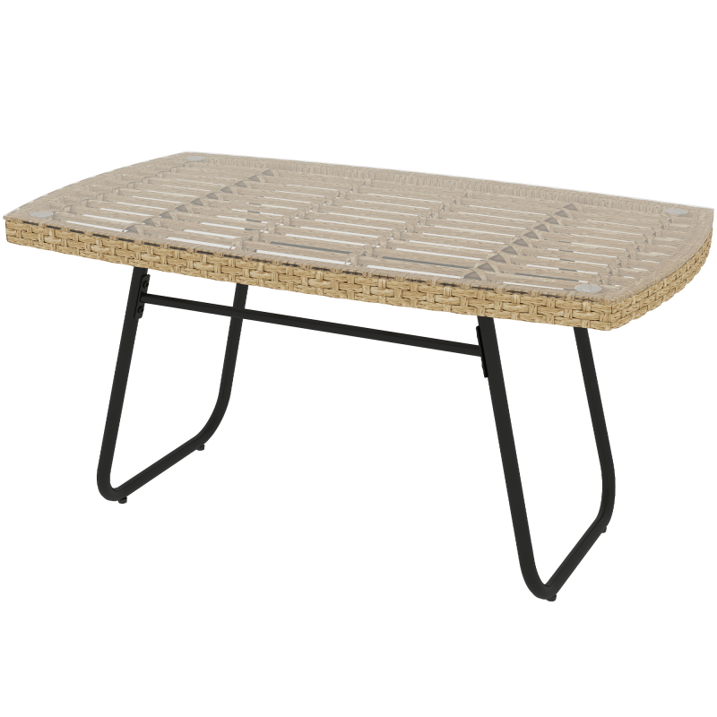 Outsunny Polyrattan Gartentisch, 90 x 50 x 45 cm, UV-beständig Beistelltisch mit Glasplatte, rechteckiger Terrassentisch, Balkontisch für Garten, Terrasse, Balkon Naturholz Aosom – Bild 1 von 2
