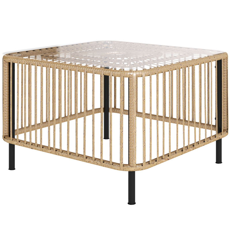 Outsunny Polyrattan Gartentisch, 65 x 65 x 43 cm, wetterfest Beistelltisch quadrarischer Terrassentisch mit Glasplatte Couchtisch Balkontisch Gartenmöbel für Garten, Terrasse, Balkon Naturholz Aosom – Bild 1 von 2