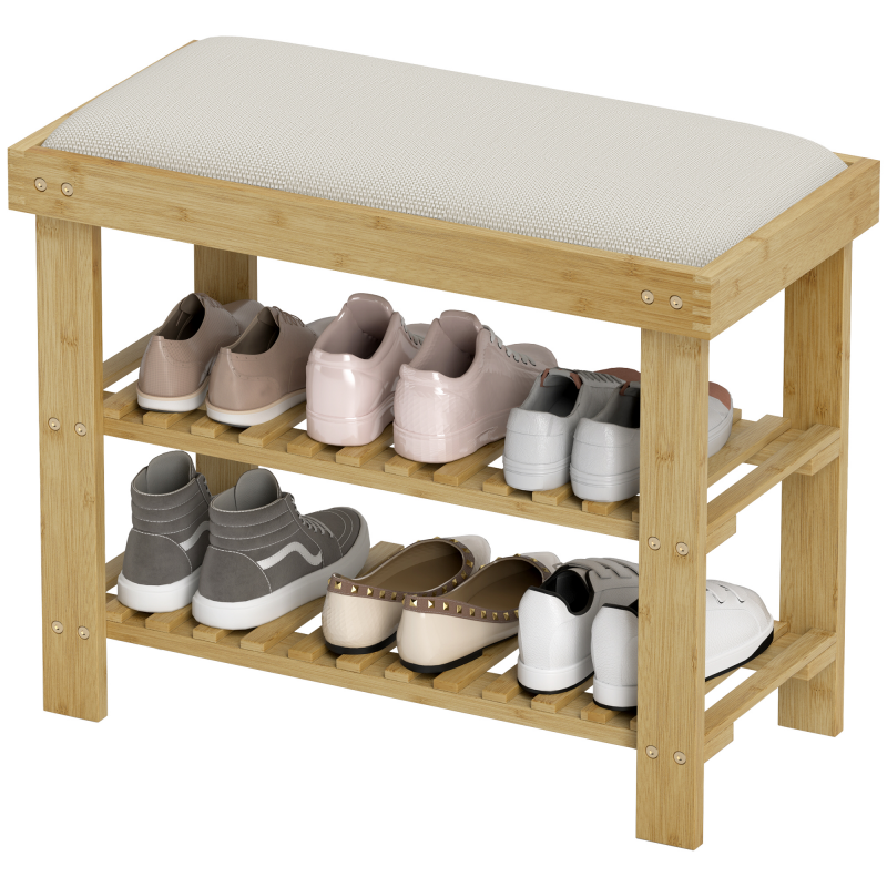 HOMCOM Schuhbank mit Sitzfläche, Bambus Sitzbank mit Stauraum, Schuhregal mit 2 offene Fächer, Sitzbank, Bank, Garderobenbank für Wohnzimmer, Flur, 60 x 29 x 49 cm Cremeweiß Aosom – Bild 1 von 2