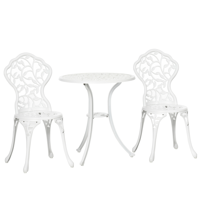 Outsunny Gartenmöbelset 3-teilig aus weißem Aluminium mit Blumendesign, 2 Außenstühlen 45x42x85,5 cm und rundem Tisch Ø61x66,5 cm Aosom – Bild 1 von 2