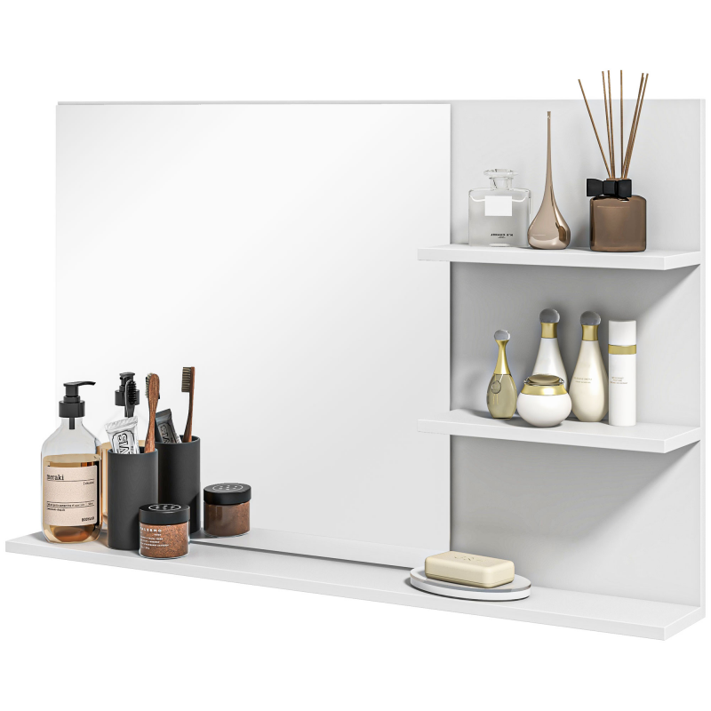 kleankin Badezimmerspiegel mit 2 seitlichen Regalen und unterem Regal, moderner Wandspiegel aus MDF und Glas, 75x10x48 cm, Weiß Aosom – Bild 1 von 2