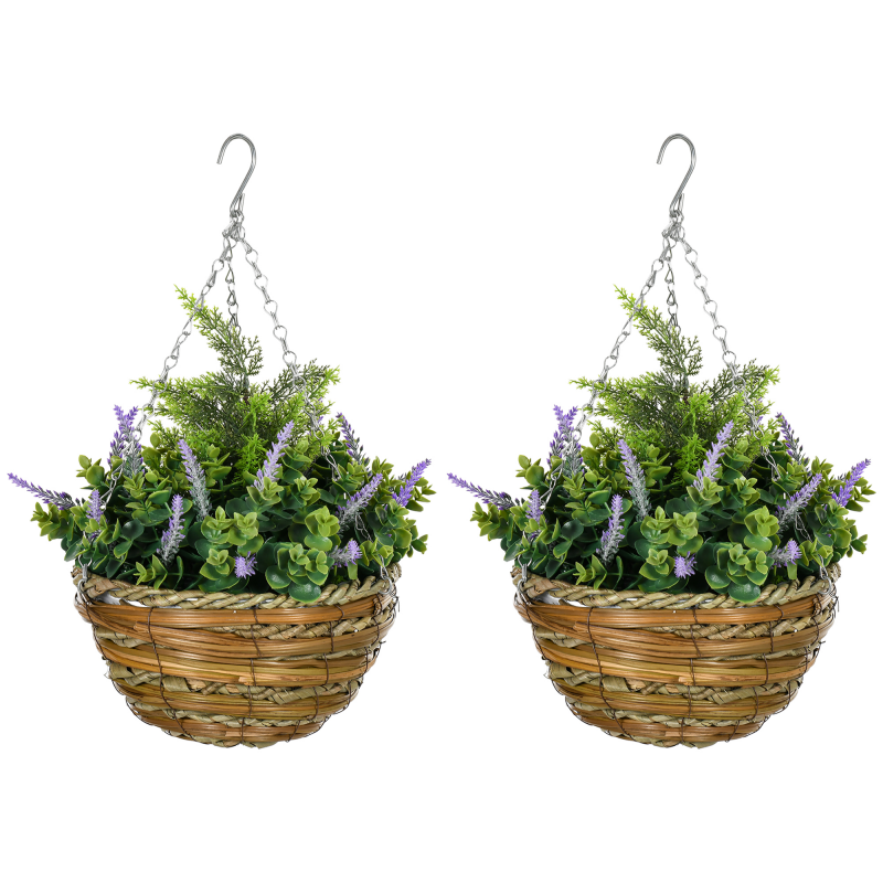 Outsunny Set 2 Künstliche Lavendelpflanze mit Korb und Haken, Kunstpflanzen aus PE und Weide, Ø25x34 cm, Grün und Violett Aosom – Bild 1 von 2