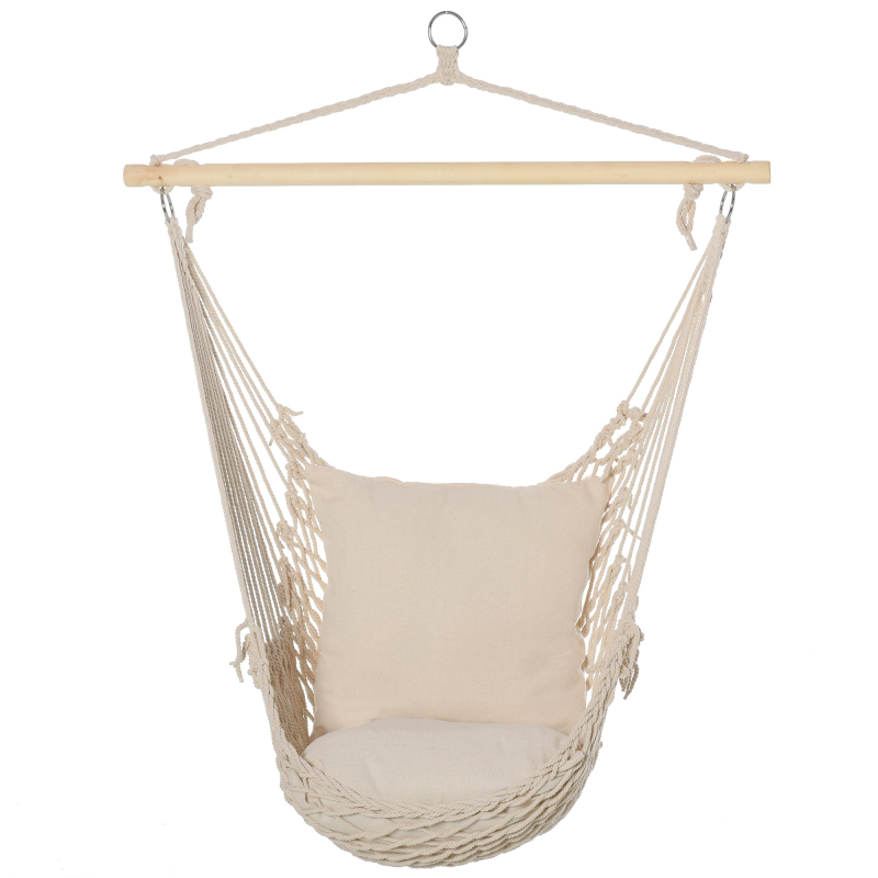 Outsunny Outdoor und Indoor Hängesessel, tragbarer Hängesessel mit Kissen, Baumwollgeflecht, Outdoor-Sitz, Hängesessel Schaukel, Belastbarkeit 120 kg, weiß Aosom – Bild 1 von 2