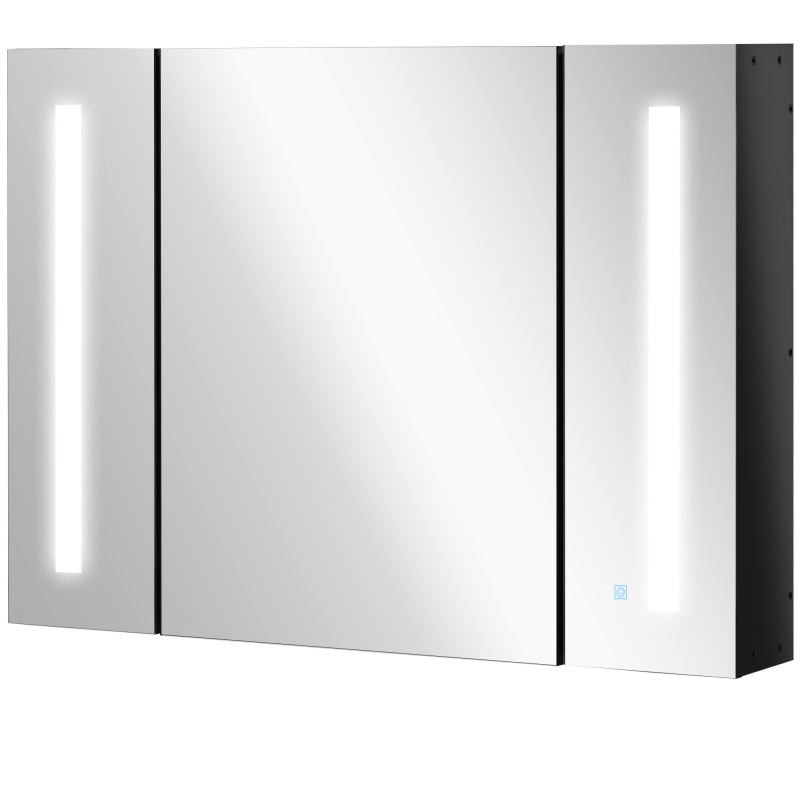 kleankin Badezimmerspiegelschrank an der Wand aus MDF mit 3 Schränken, 3 Regalen und LED-Licht, 90x15x65 cm, Schwarz Aosom – Bild 1 von 2