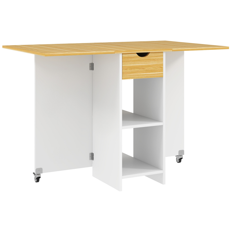 HOMCOM Klappbarer Esstisch, Klapptisch für 2-4 Personen, Moderner Platzsparender Küchentisch mit Schublade, 2 Regale und 2 Rollen, aus Holz, 114,5x70x75 cm, Eiche Aosom – Bild 1 von 2