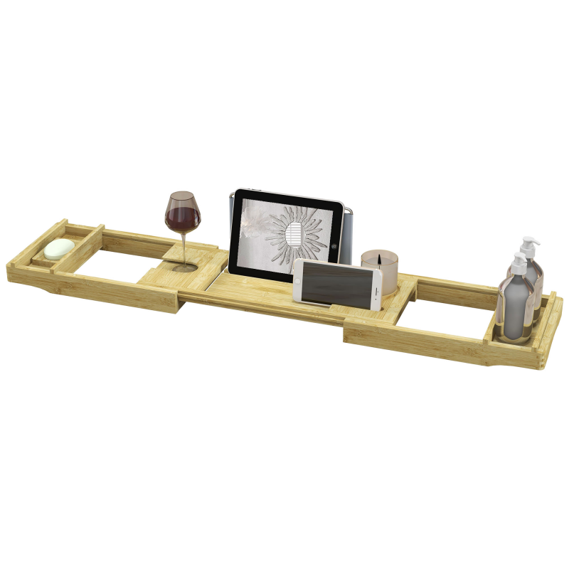 HOMCOM Badewannenregal ausziehbarer Bambus mit Getränkehalter und Seifenschale, 75-109 x 23 x 4,5 cm, Naturholzoptik Aosom – Bild 1 von 2