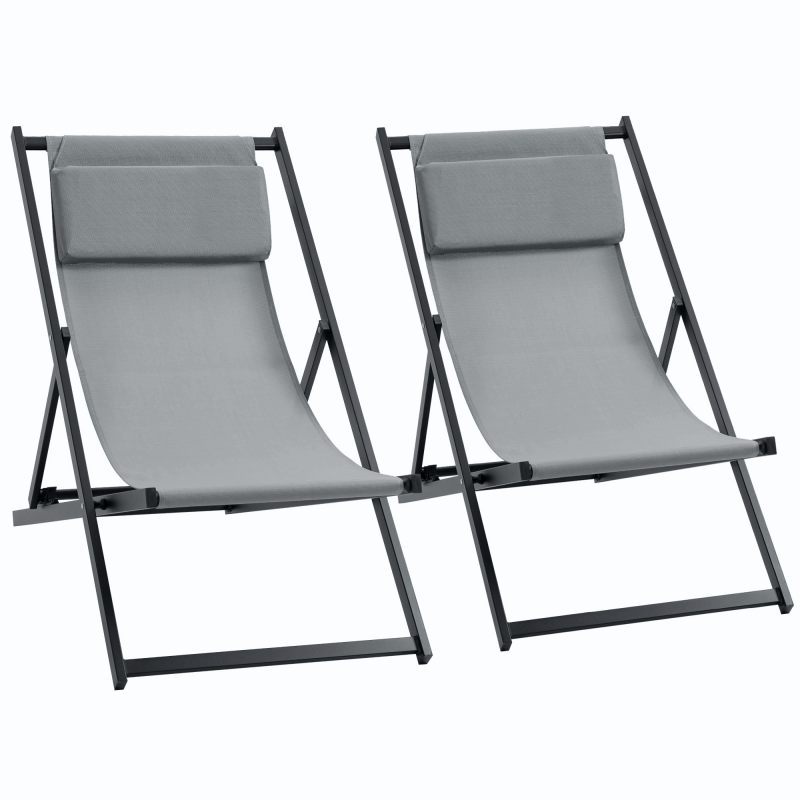 Outsunny Set mit 2 Sonnenliegen, klappbarer Liegestuhl mit Textilene-Kopfstütze, klappbarer Gartenliege für Strandcamping Terrassenschwimmbad, 60 x 100 x 85 cm, Dunkelgrau Aosom – Bild 1 von 2