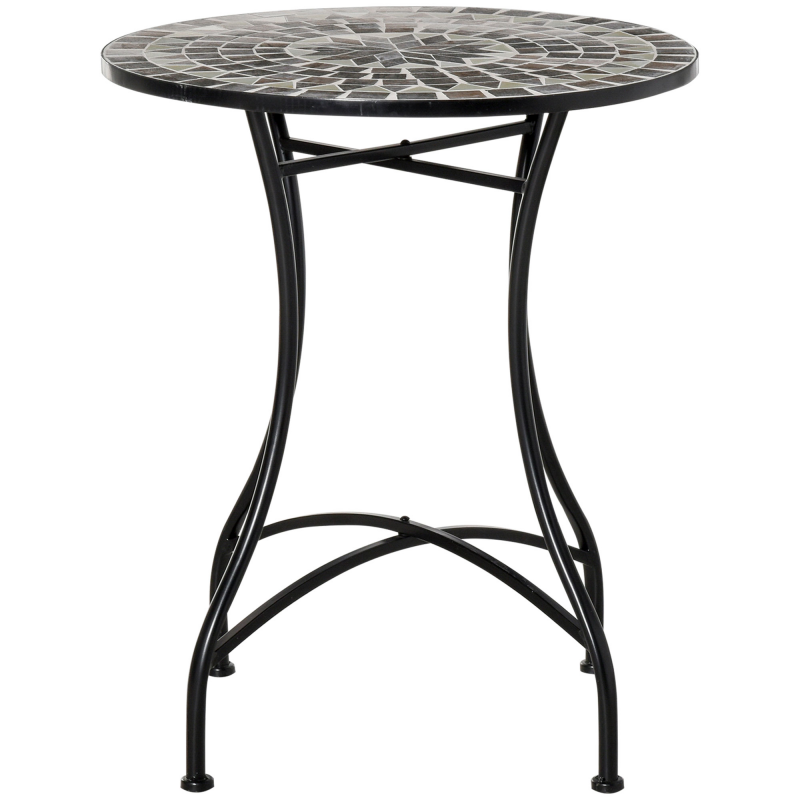 Outsunny Garten-Couchtisch aus Metall und Keramik, Couchtisch mit Mosaik für den Außenbereich auf Terrasse oder Balkon, Ф60x71 cm, Grau Schwarz Aosom – Bild 1 von 2