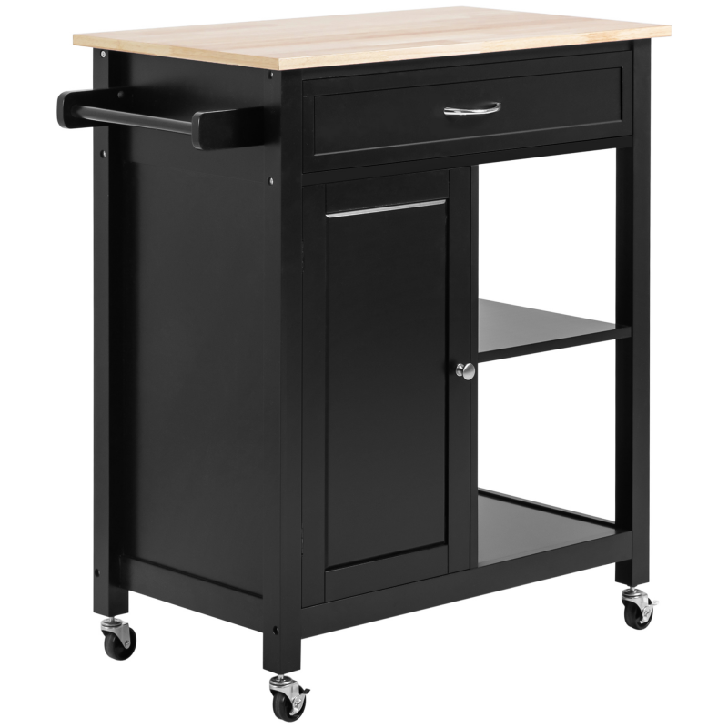 HOMCOM Küchenwagen aus Holz mit Schublade, Schrank und Regalen, Servierwagen mit Rollen, 83x45x88cm, Schwarz Aosom – Bild 1 von 2
