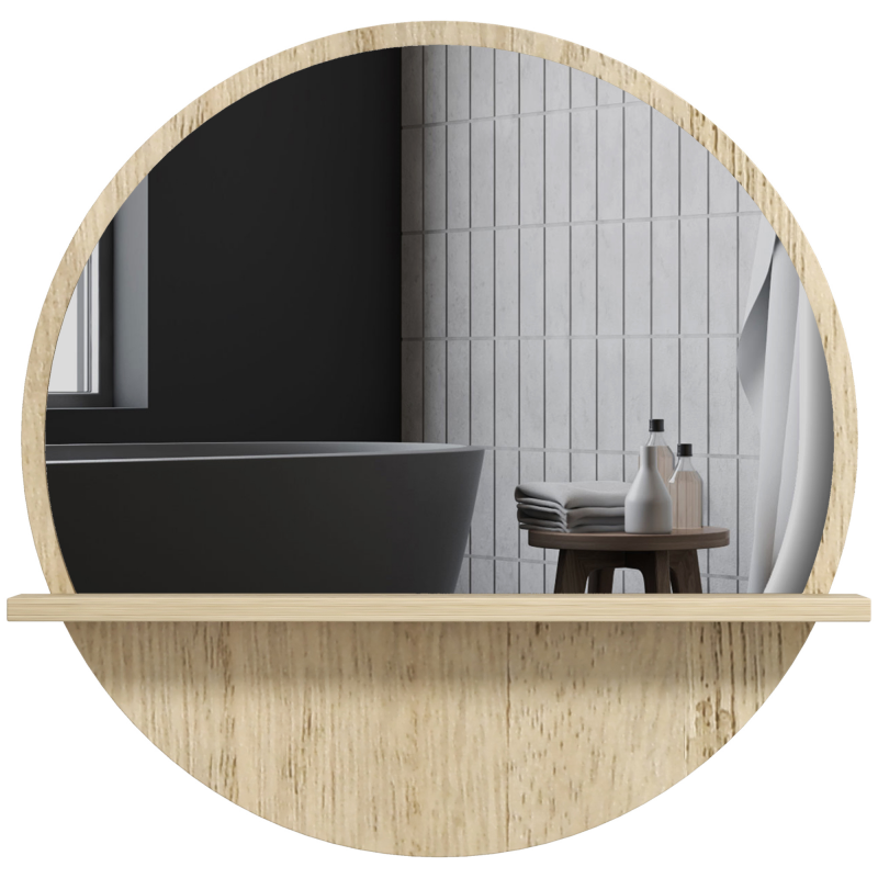 kleankin Runder Wand-Badezimmerspiegel mit Regal - Ø 45 x 10H cm - naturholzfarben Aosom – Bild 1 von 2