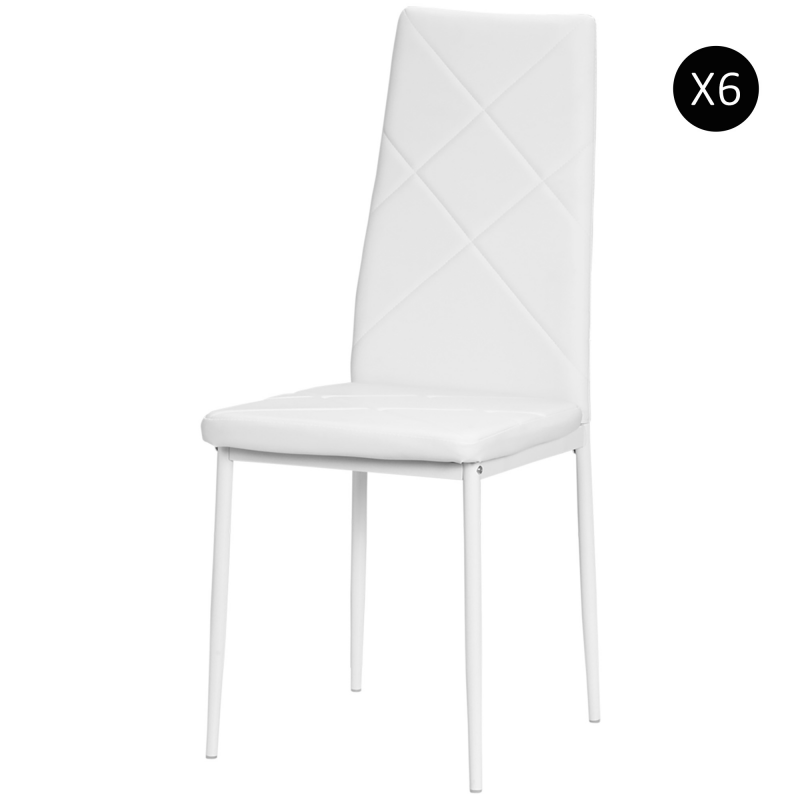 HOMCOM Set 6 Esszimmerstühle mit hoher Rückenlehne, Gepolsterte Küchenstühle aus Kunstleder mit Diamantsteppung, rutschfeste Fußkappen und Beine aus Stahl für Wohnzimmer, 41x50x97 cm, Weiß Aosom – Bild 1 von 2