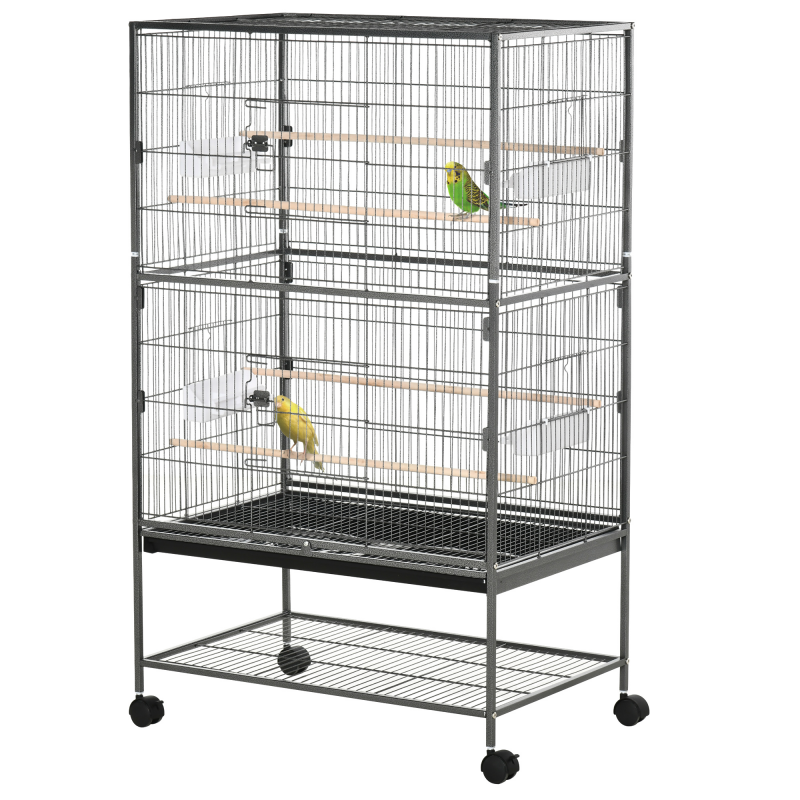 PawHut Innenkäfig für Vögel aus Stahl und Mischholz mit herausnehmbarem Tablett, 4 Rollen, Sitzstangen und Futternapf, 78x52x132cm, Dunkelgrau Aosom – Bild 1 von 2
