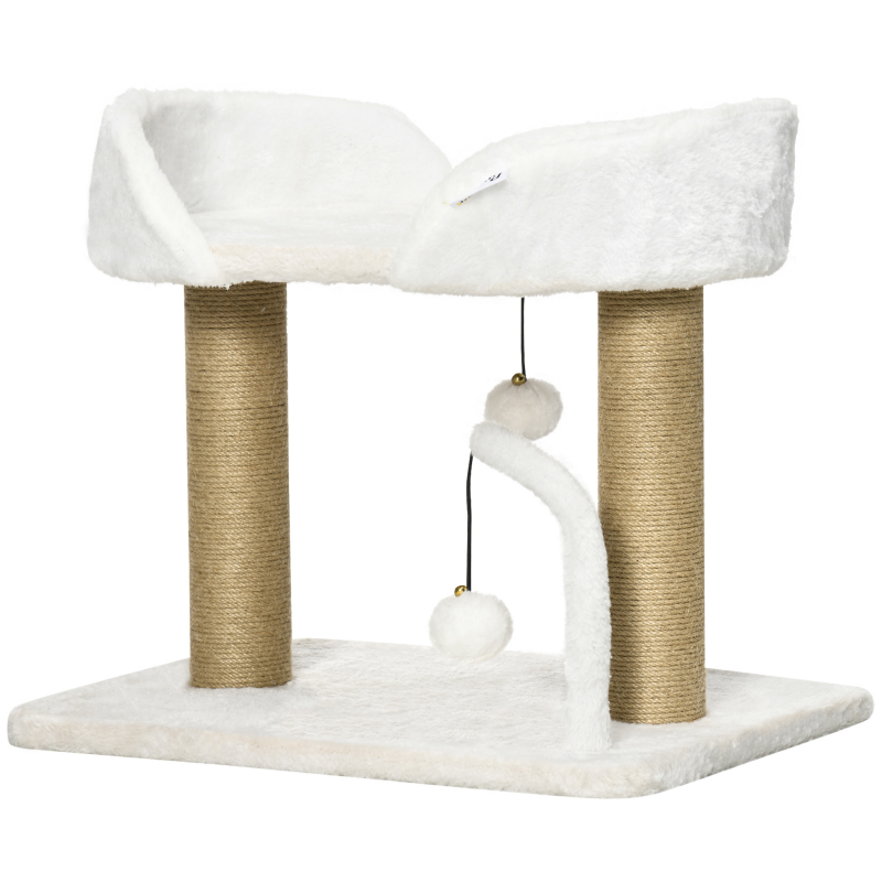PawHut Design Kratzbaum mit Spielzeug 2 hängende Bommel 2 Sisalstämmen + Plattform aus Plüsch - 48 x 38 x 42 cm - Sisal Beige Aosom – Bild 1 von 2