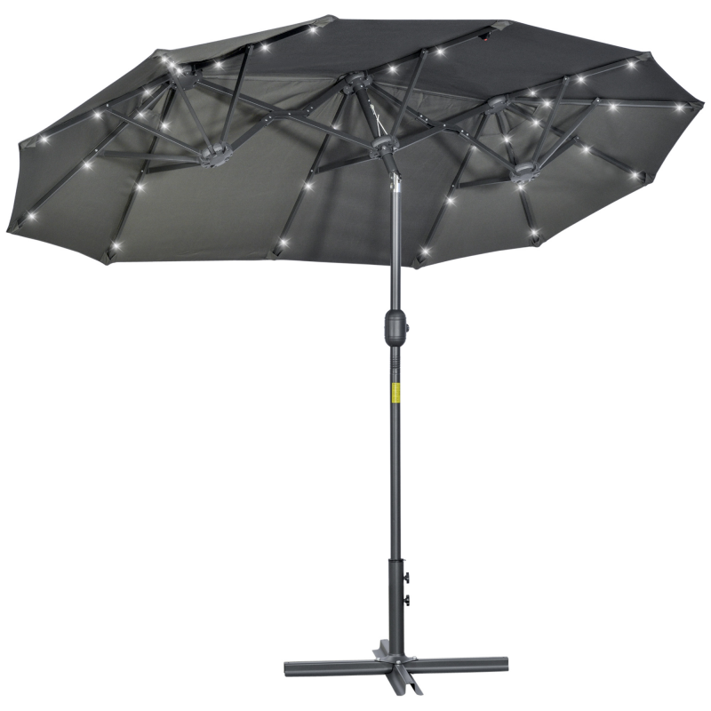 Outsunny Doppelter Neigbarer Sonnenschirm 295x150cm mit Kurbel, LED-Lichtern, Kreuzsockel und Belüftungsöffnungen, 12 Streben aus Stahl und Polyester, für Garten Terrasse Balkon, Grau Aosom – Bild 1 von 2