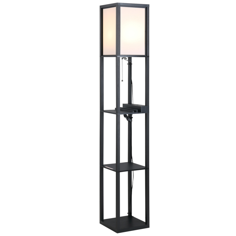 HOMCOM Moderne Stehlampe, Platzsparende Bodenlampe mit Regalen aus Baumwolle, MDF 26 x 26 x 160 cm Schwarz und Weiß Aosom – Bild 1 von 2