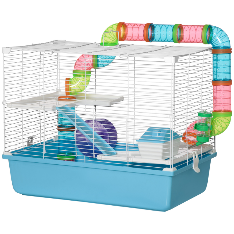 PawHut Käfig für Hamster Ratte Nager 3 Ebenen mit Tunnel, Trinkflasche, Rad, Häuschen, Leitern Maße 59B x 36T x 47H cm Aosom – Bild 1 von 2