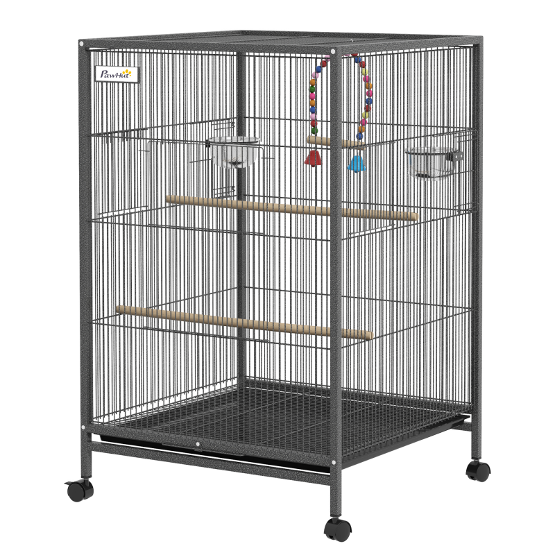 PawHut Vogelkäfig aus Stahl und PP mit 5 Türen, 2 Sitzstangen, Schaukel und herausnehmbarem Tablett, 48x46x74 cm, Grau Aosom – Bild 1 von 2