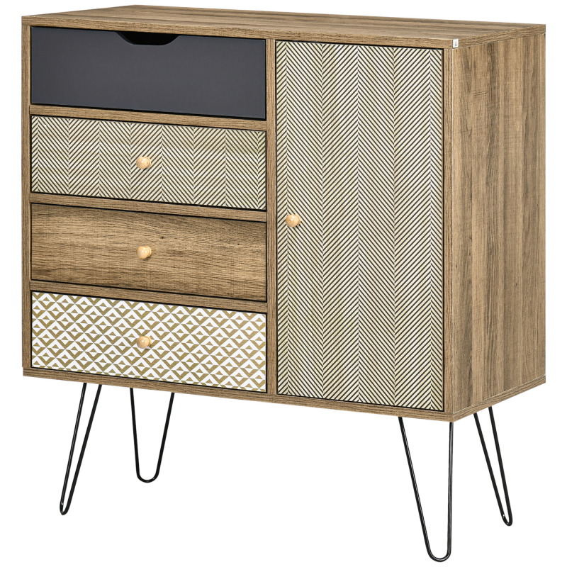 HOMCOM Aufbewahrungskommode Sideboard 4 Schubladen 1 Schrank - Haarnadelbeine - Bohème-Stil - 79 x 39 x 86 cm Braun Aosom – Bild 1 von 2