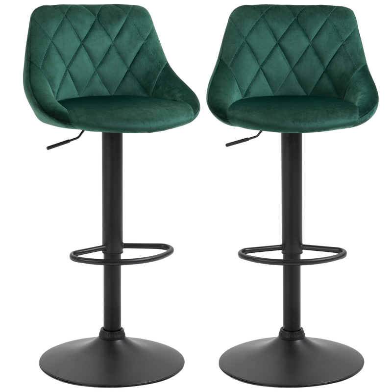 HOMCOM Set 2 Barhocker, Höhenverstellbar mit Metallbasis und Samtsitz, Moderne Hocker mit Rückenlehne und Fußstütze, 46x48x83-104 cm, Dunkelgrün Aosom – Bild 1 von 2