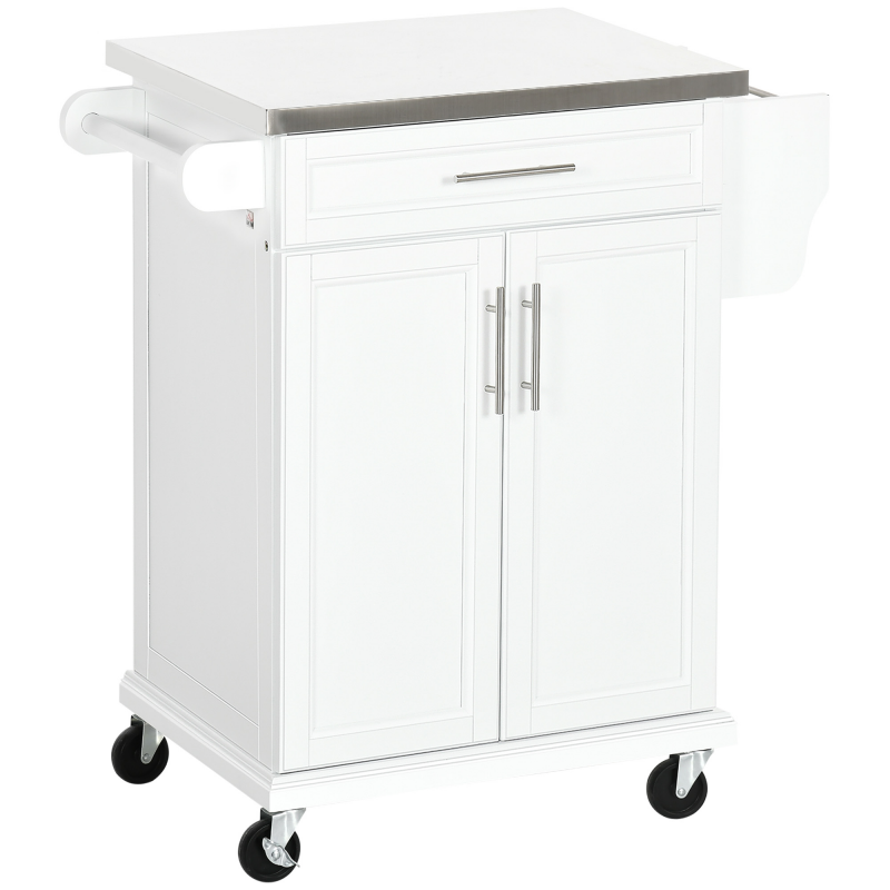 HOMCOM Küchenwagen Kücheninsel mit Edelstahlplatte, verstellbarem Regal, Schublade, Gewürzregal, Messerhalter und Handtuchhalter, 83,5 x 45,7 x 90,5 cm, weiß Aosom – Bild 1 von 2