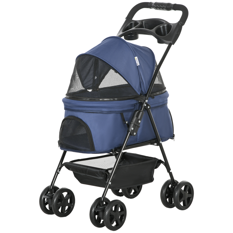 PawHut Faltbarer Haustierkinderwagen Buggy für Hund Katze mit Aufbewahrungskorb und Becherhalter aus wasserdichtem 300D Oxford(4 Räder, Dunkelblau) Aosom – Bild 1 von 2