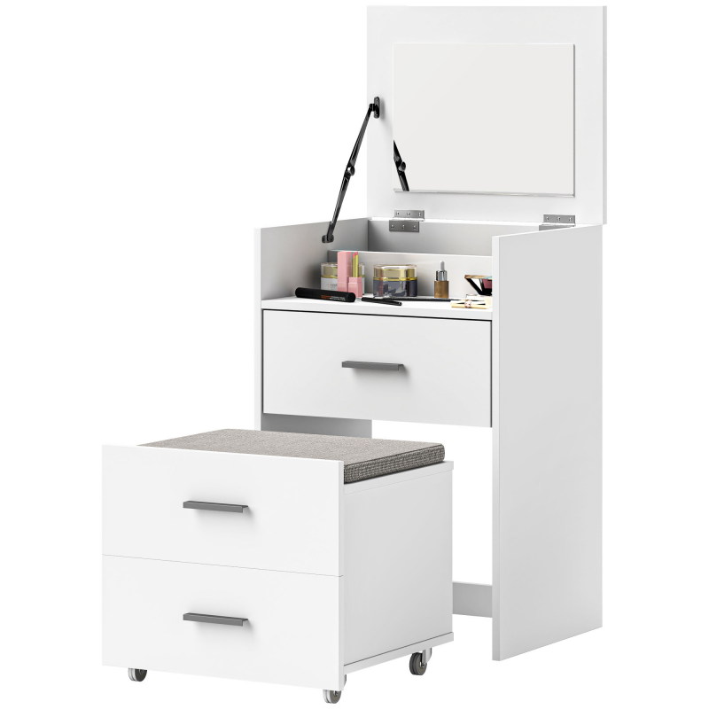 HOMCOM Schminktisch mit Klappbarem Spiegel, Hocker mit Rollen und 2 Schubladen, Schminktisch aus MDF und Hocker mit abnehmbarem und waschbarem Samtstoffkissen, Weiß Aosom – Bild 1 von 2